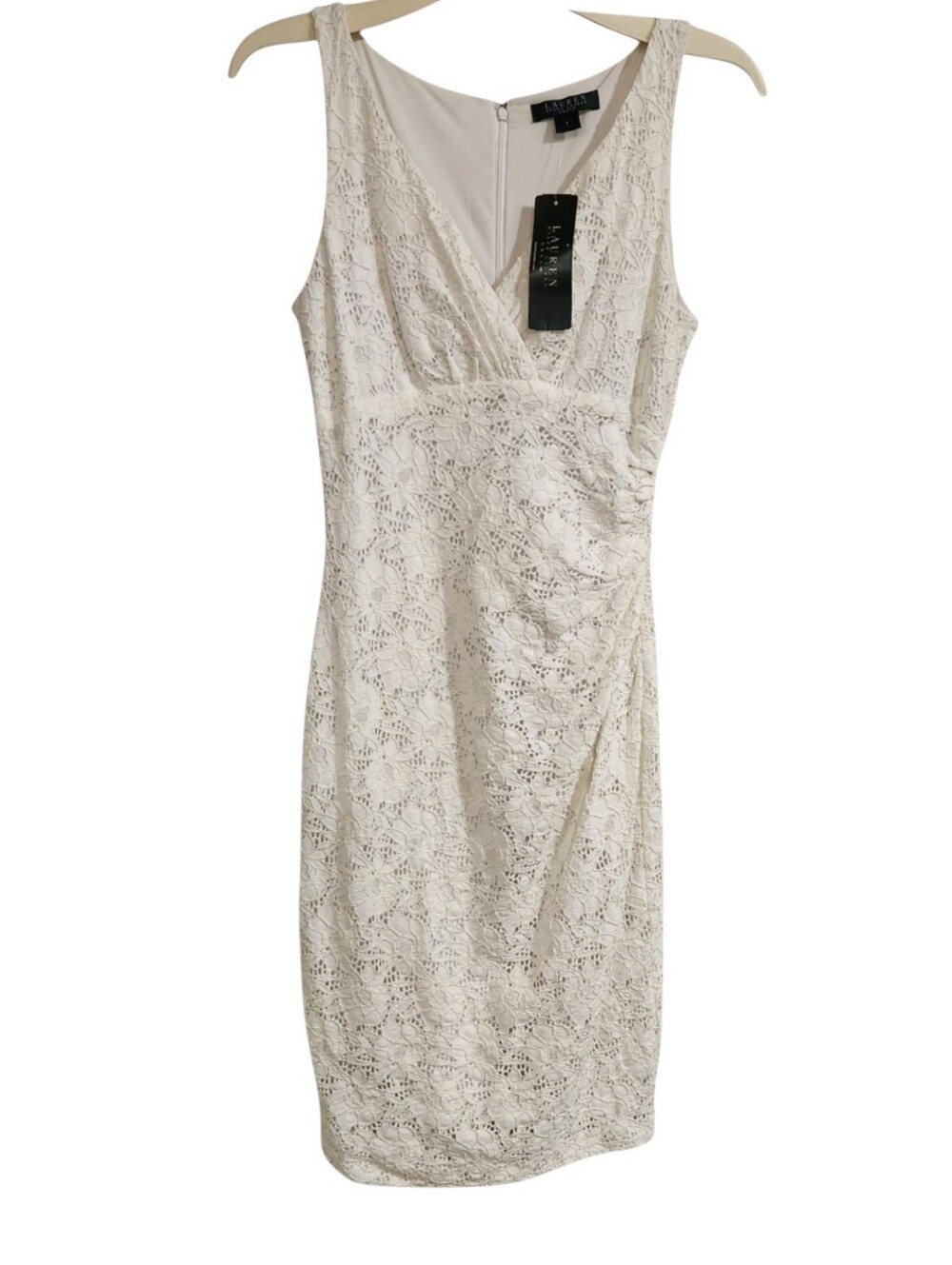 NWT Lauren Ralph Lauren White Lace Sheath Dress 8 Ruched V-Neck Bridal Wedding